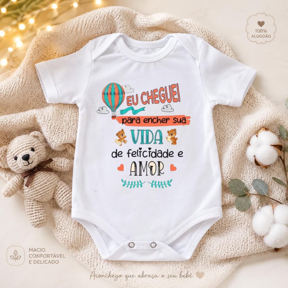 Body Infantil Bebê Manga Curta Estampado Frase Divertida Recém-Nascido RN Confortável Macio 100% Algodão Enxoval Bebê