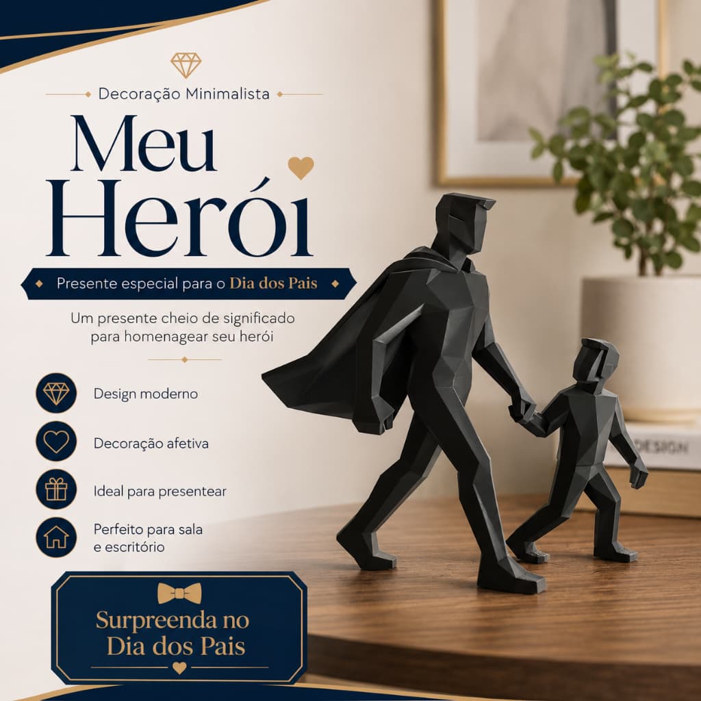 Escultura Decorativa Pai Meu Herói com Filhos | Presente Dia dos Pais | Decoração Minimalista