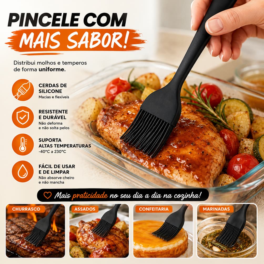 Pincel Culinário Silicone 25cm Livre BPA Resistente Calor  Não Risca Confeitaria Churrasco