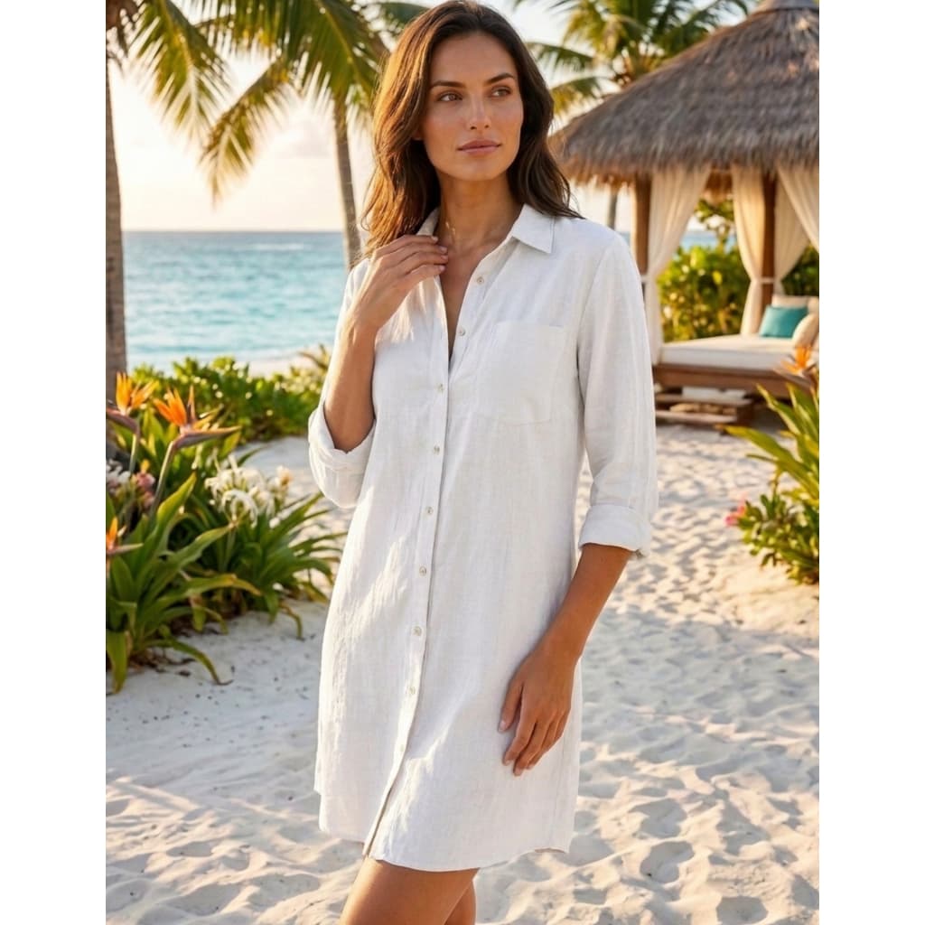 Camisa Feminina Manga Longa Leve Saida De Praia Vestido Chemise De Botão Viscolinho Premium Com Bolso