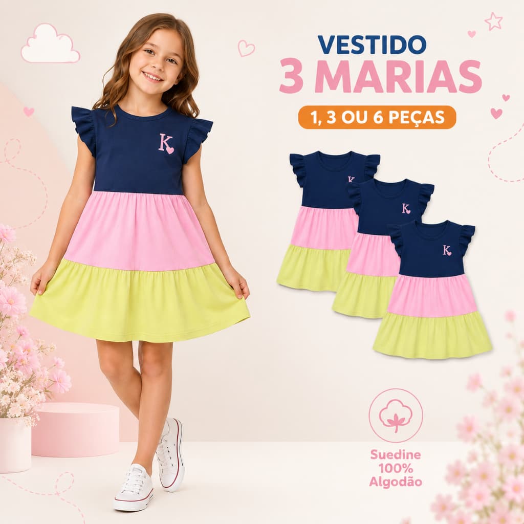 Kit 1 ou 3 ou 6 Peças de Vestidos Modelo 3 Marias Manga Curta Infantil Juvenil Inverno Roupa de Menina Tamanhos 1 ao 14