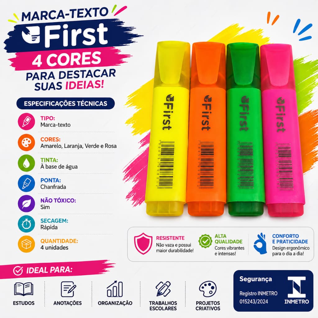 Kit Marcador Texto Neon 4 Unidades Cores Vibrantes Destaca Importante Estudos Escritório