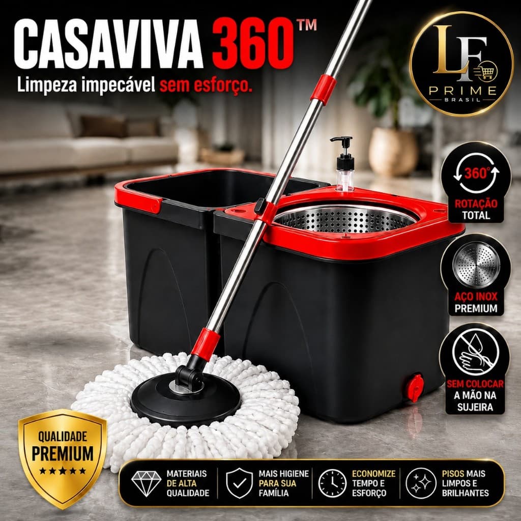 Esfregão Mop Grande Giratório 360° Com Balde Duplo Centrífuga Inox Água Limpa e Suja Cabo Inox 13L