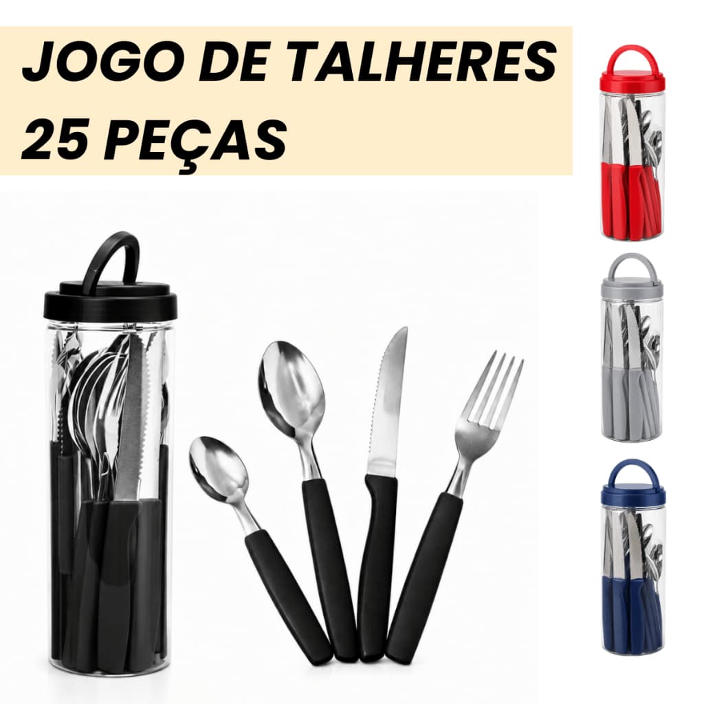 Conjunto de Talheres 25 Peças Aço Inox Com Pote Faqueiro Jogo Kit Completo