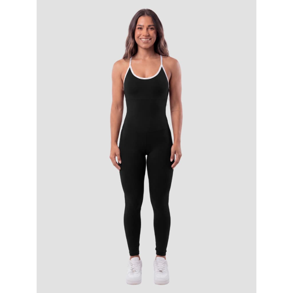 Macacão Fitness Feminino Com Costas Trançada Slim Preto