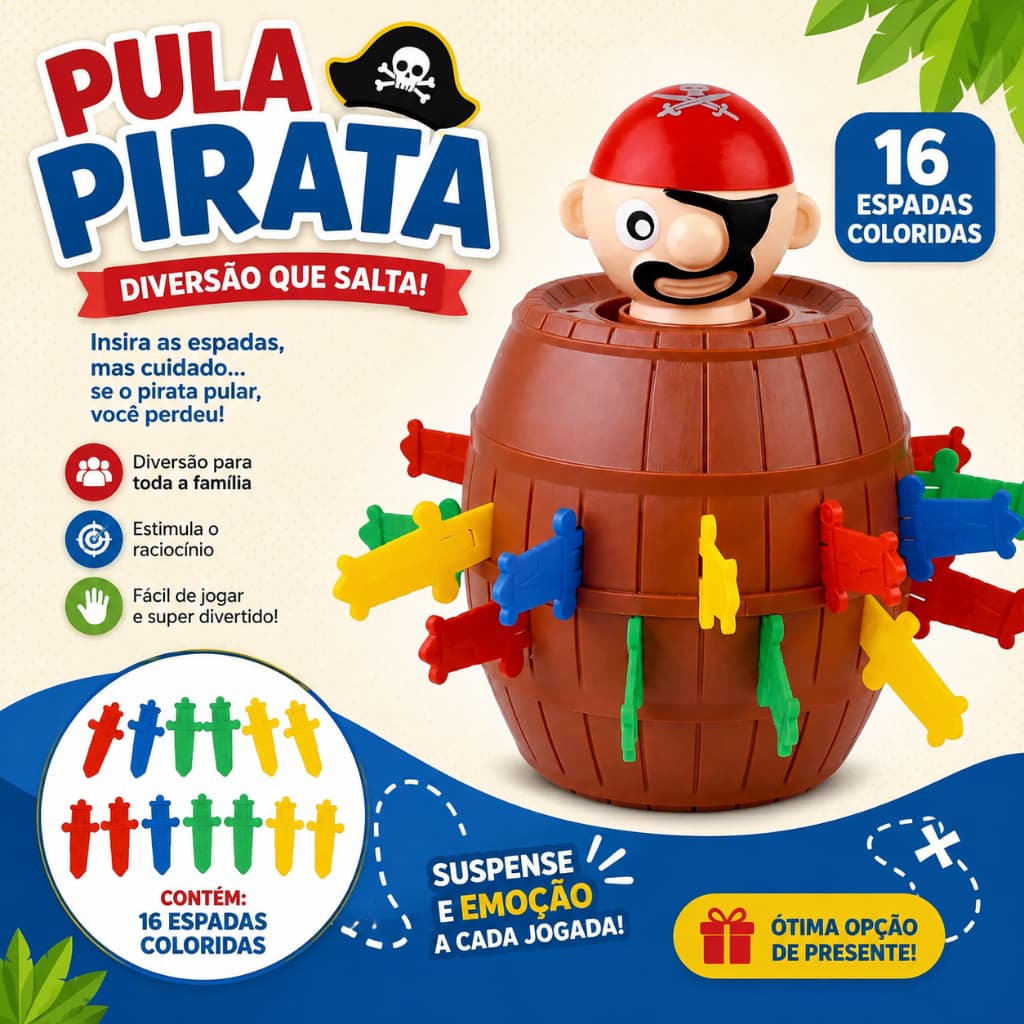 Jogo Pula Pirata com 16 Espadas – Diversão para Toda a Família | 1 a 4 Jogadores | +5 Anos
