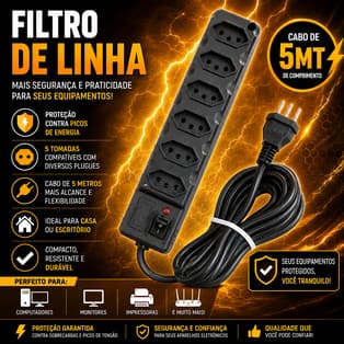 Filtro de Linha 5 Tomadas, Protetor de Energia 10a Bivolt Preto Fusível Tripolar Cabo 5MT