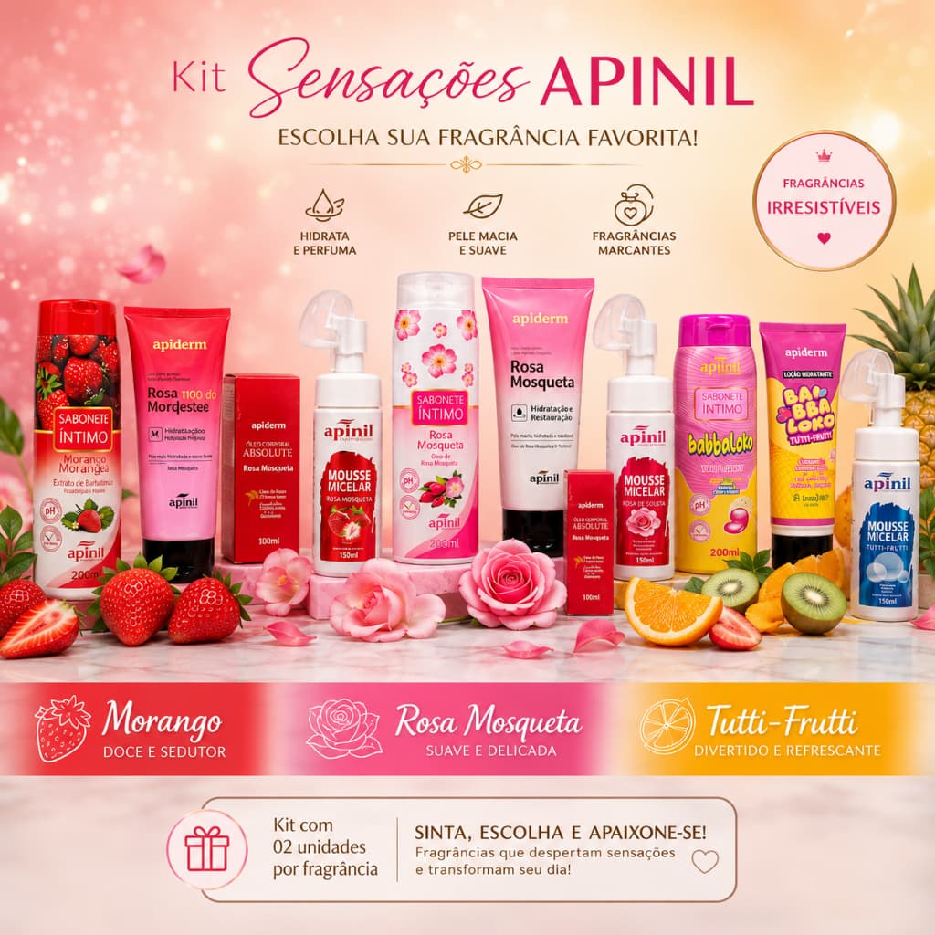 Kit Sensações Apinil – Rosa Mosqueta, Tutti-Frutti e Morango: cuidado completo e perfumado