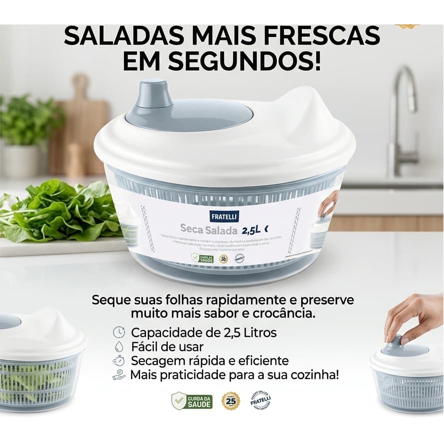 Seca Folhas Salada 2,5L Centrífuga Manual Escorredor de Verduras Legumes e Frutas Cinza Fratell