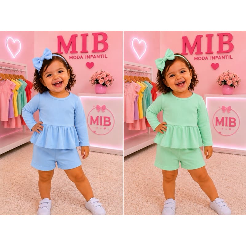 Blusa manga longa + short + laço
