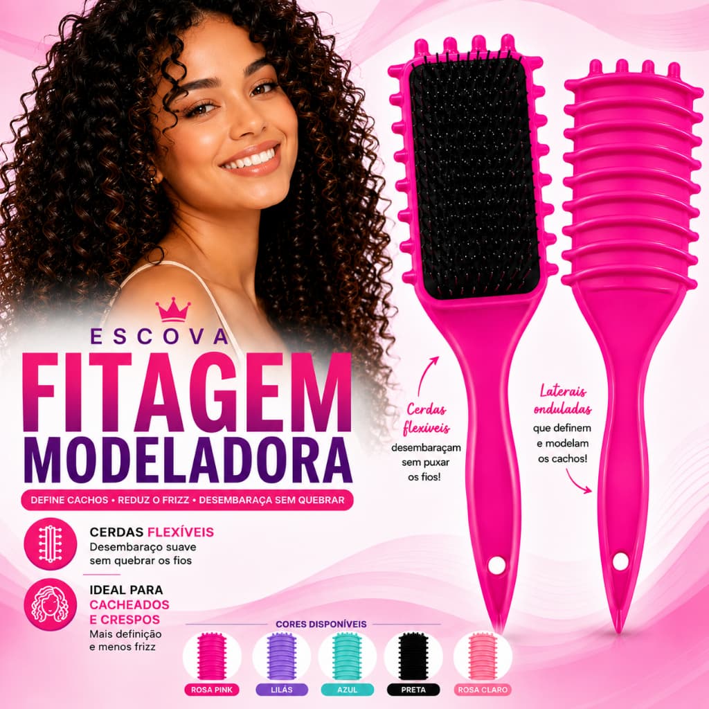 Escova de Fitagem para Cabelos Cacheados e Crespos Modeladora Definição de Cachos Finalização Desembaraço Anti Frizz
