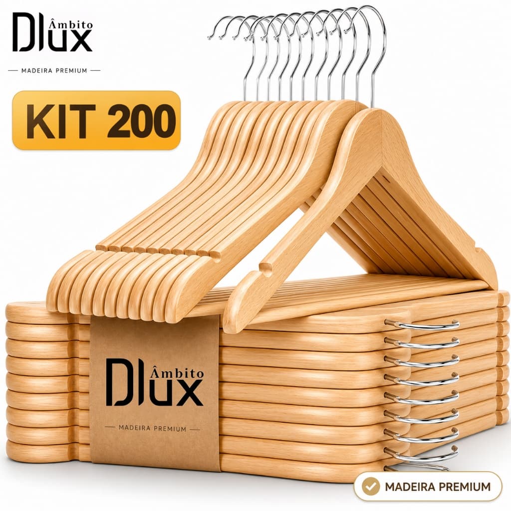 Ambito Dlux Kit 200 Cabides De Madeira Marfim Gancho Metal Reforçado Adulto 44CM Para Loja de Roupas