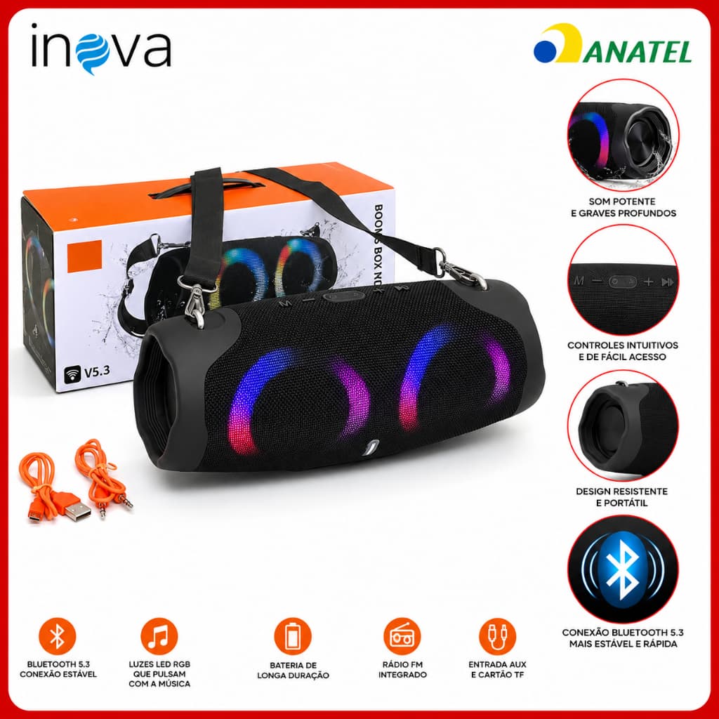 Caixa de Som Grande Potente Bluetooth LED RGB Com Alça Original Inova