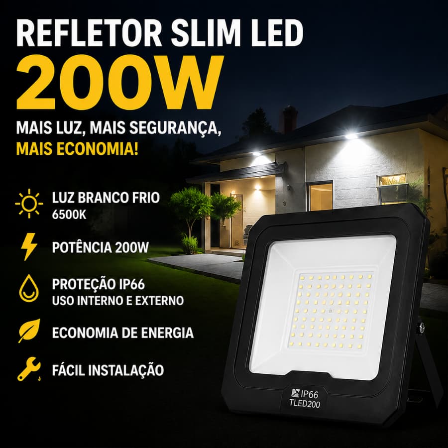 Refletor Bivolt Led 200W Holofote Branco Frio 6500K Alta Potência Super Econômico