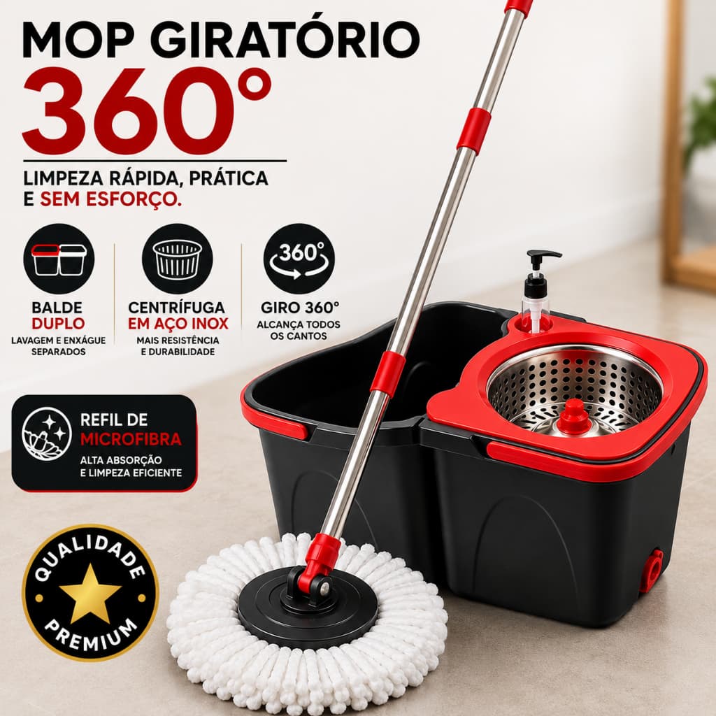 Mop Giratorio 13L Com Balde Duplo E Centrifuga Em Aco Inox 360 Graus Facil Lavagem E Secagem Rapida