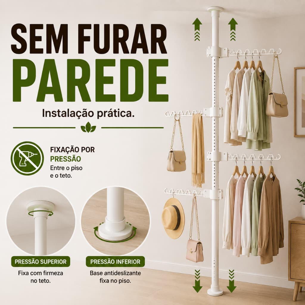 Cabideiro Vertical Ajustável 4 Braços Multiuso Branco Organizador para Roupas Closet Lavanderia