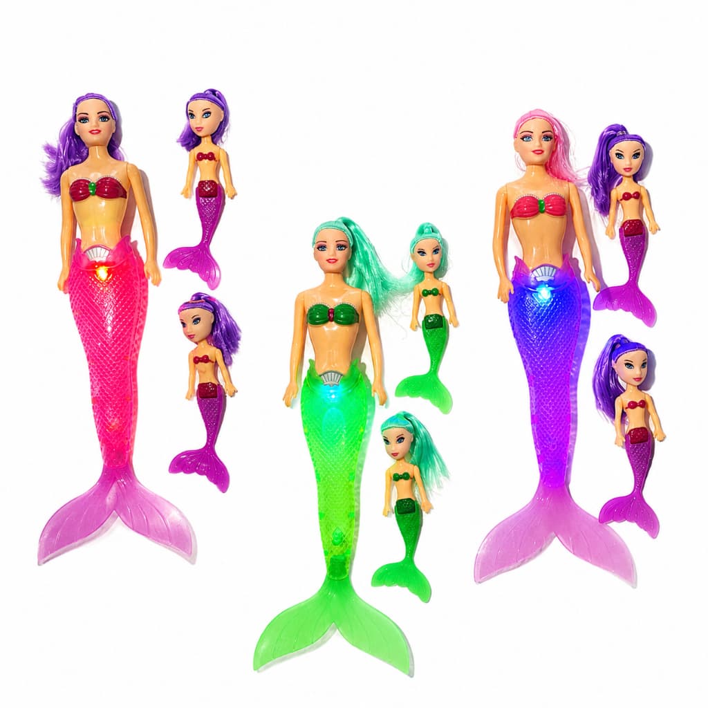Boneca de sereia Com Luz  + 2 Sereia Pequena Brinquedo Infantil