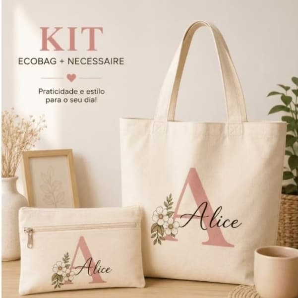 kit 35 Ecobag e Necessaire personaliza com nome Dtf