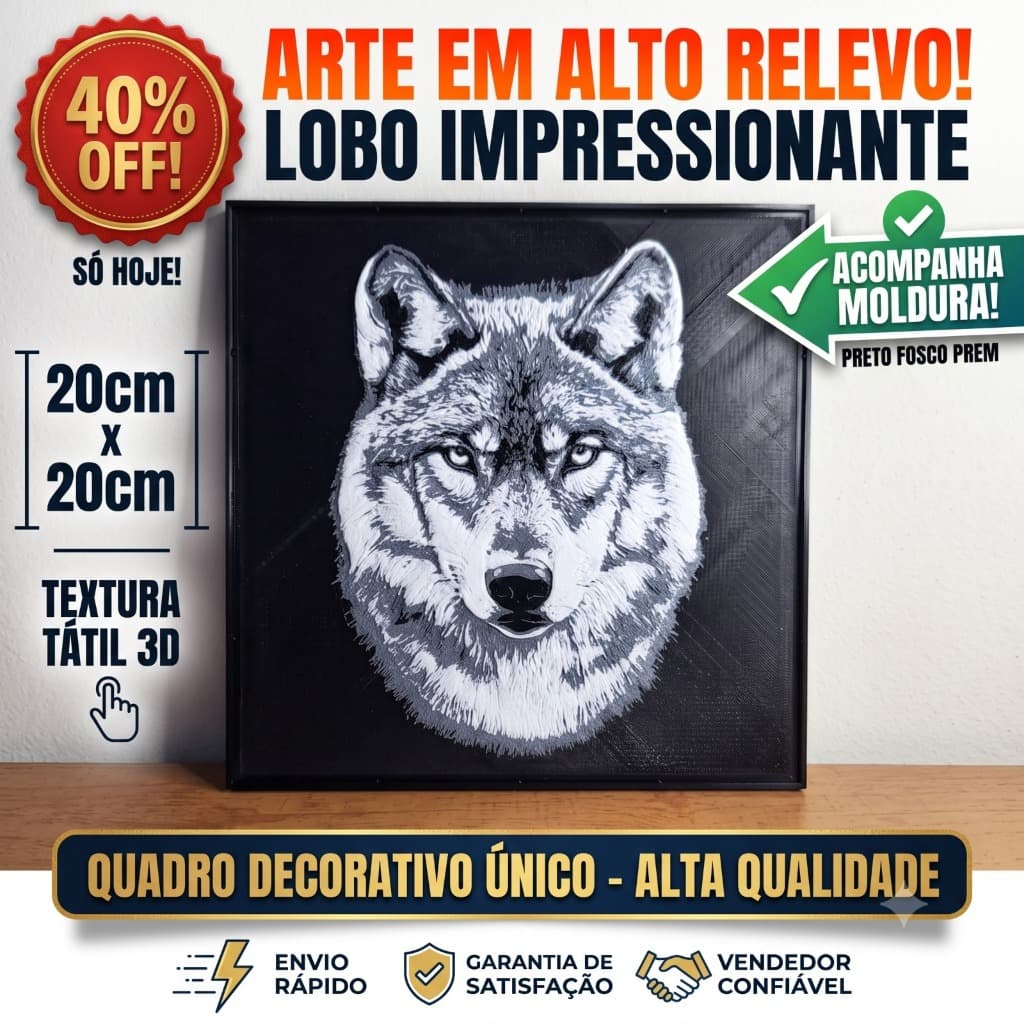 Quadro Lobo Solitario Relevo 3D 20x20cm Moldura Inclusa Placa Decorativa Parede Setup Gamer Minimalista