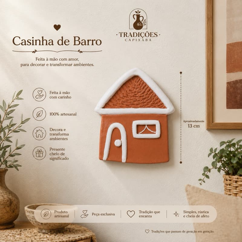 Casinha de Barro Artesanal para Parede 13cm | Decoração Rústica Capixaba | Enfeite Feito à Mão