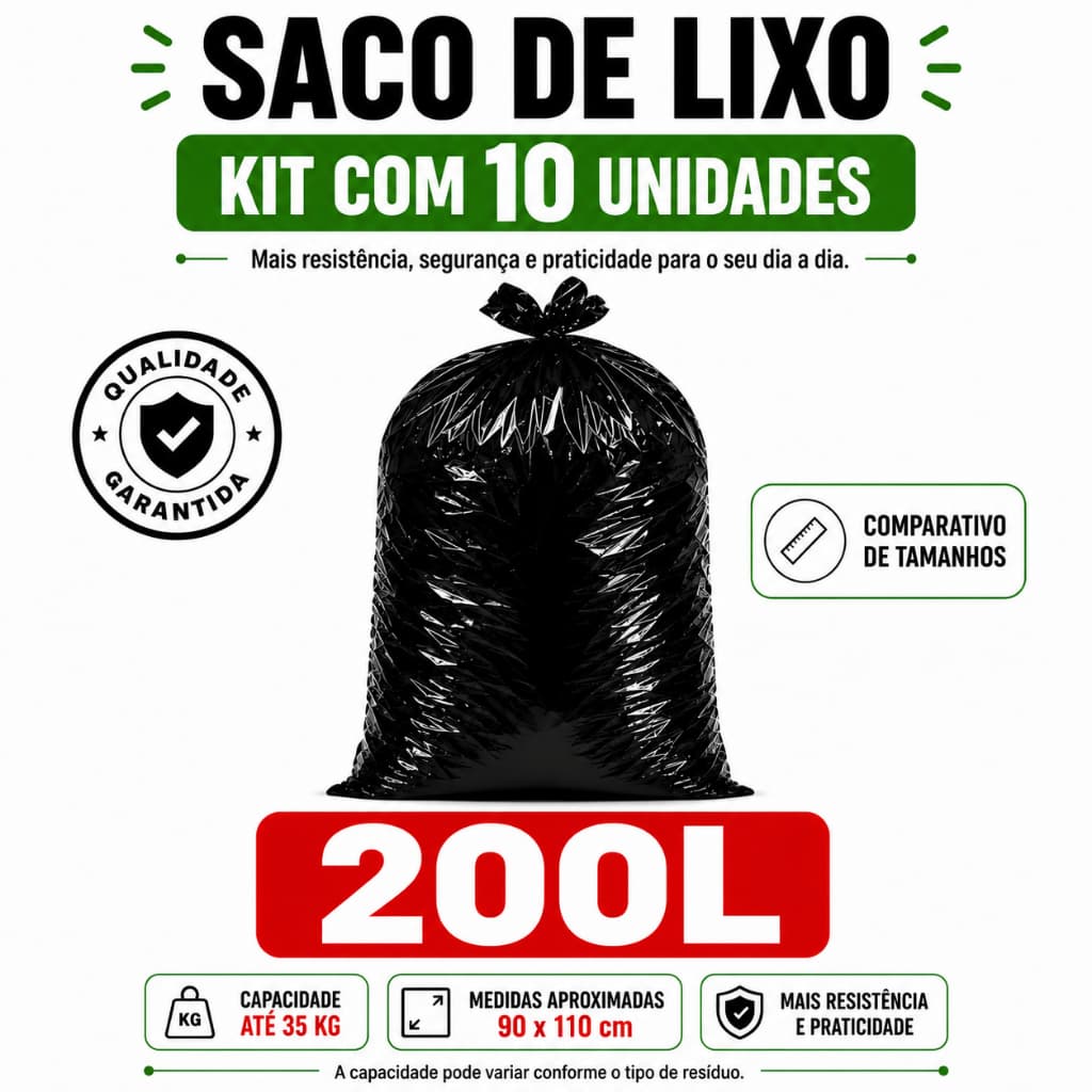 Kit com 10 Sacos de Lixo Plástico Preto Reforçado 200 Litros