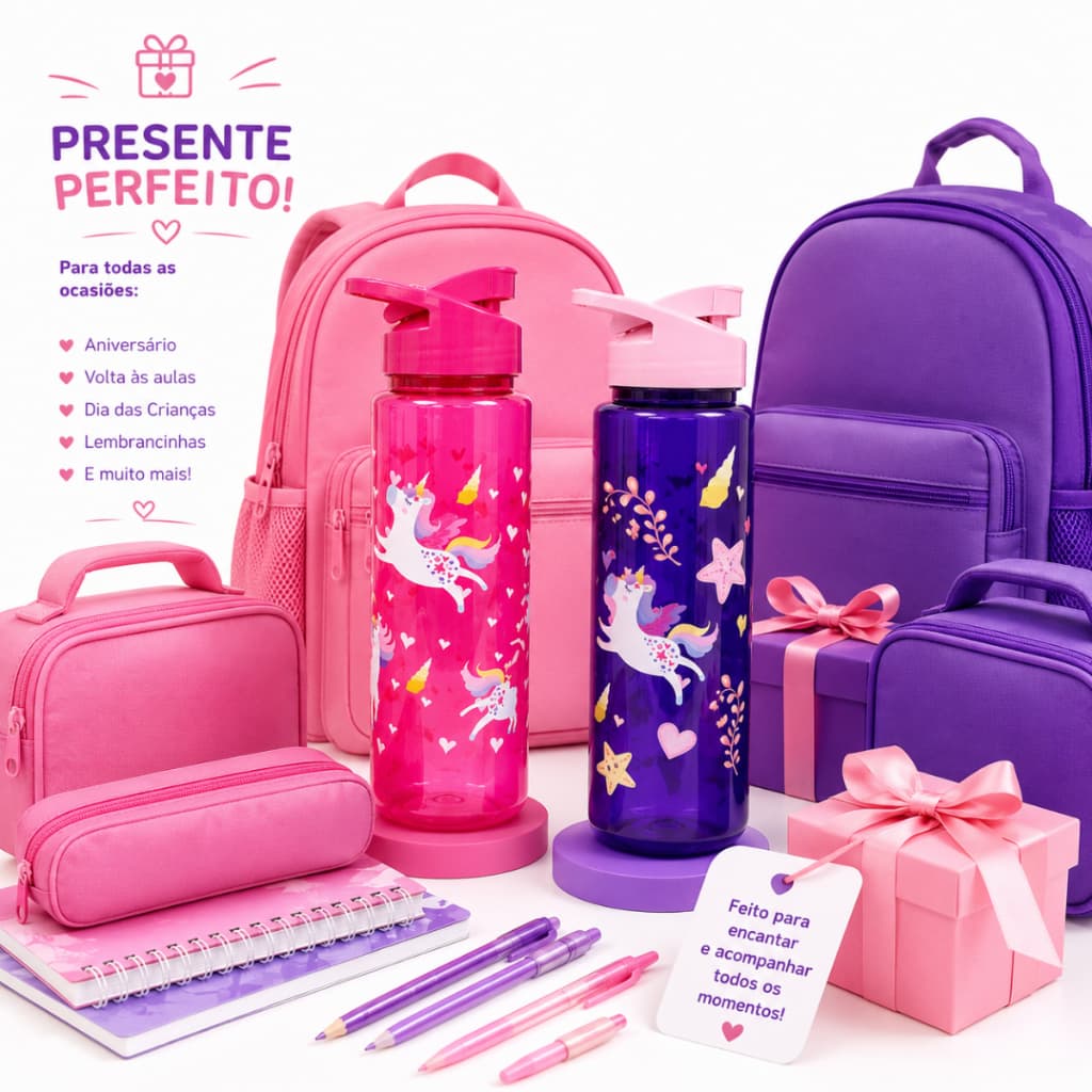 Kit 2 Squeezes Garrafinhas Água Sereia Unicórnio 750 Ml