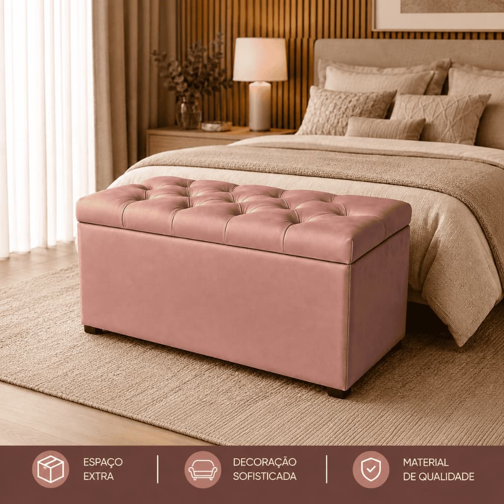 PUFF BAÚ ORGANIZADOR 90CM ESTOFADO CAPITONÊ SUEDE ROSA SALA QUARTOS CLOSET PORTA OBJETOS RESISTENTE.