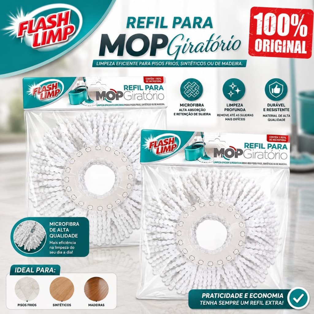 Kit 2 Refil Mop Fit 13,5cm Microfibra para Duas Águas Fit Esfregão Flash Limp RMOP5011