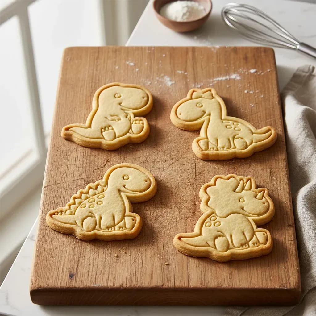 Kit Cortador de Biscoito Infantil Dinossauro Baby 4 Peças + Marcadores e Puxadores para Massa e Biscuit 6cm