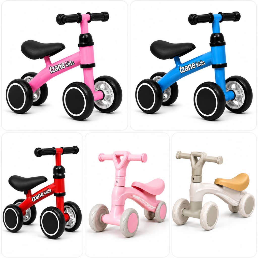 Bicicleta de Equilibrio Infantil Izane Kids Sem Pedal 4 Rodas Branco Rosa Azul Vermelho
