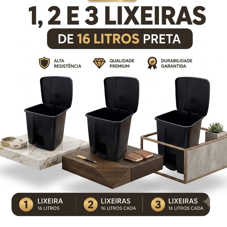 Lixeira 16L Multiuso Com Pedal e Tampa Silenciosa Preta Resistente Cozinha Escritório Banheiro