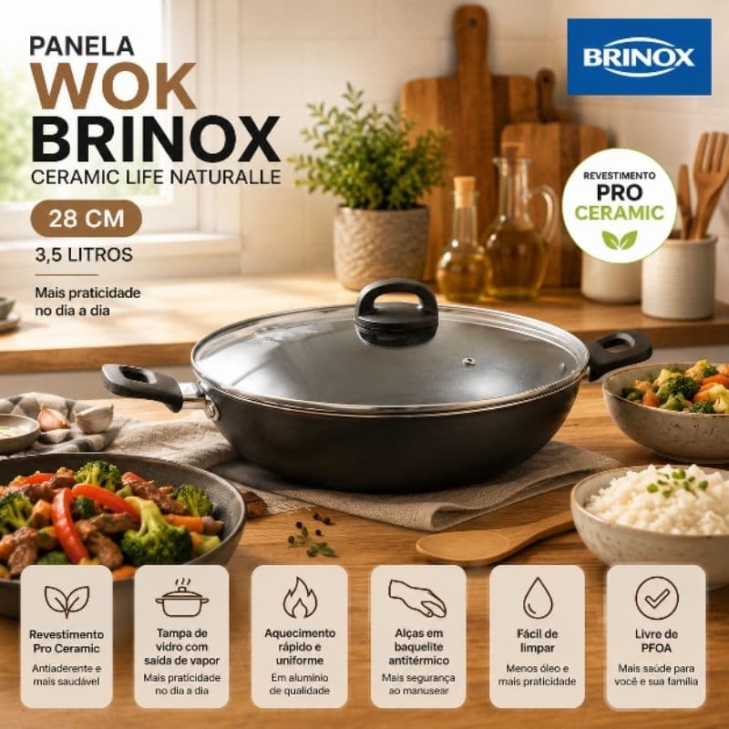 Panela Wok Brinox Ceramic Life Naturalle 28cm Preta com Tampa de Vidro e Alças