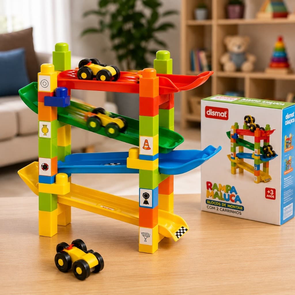 Rampa Maluca Infantil Dismat Blocos de Montar com 2 Carrinhos Brinquedo Educativo