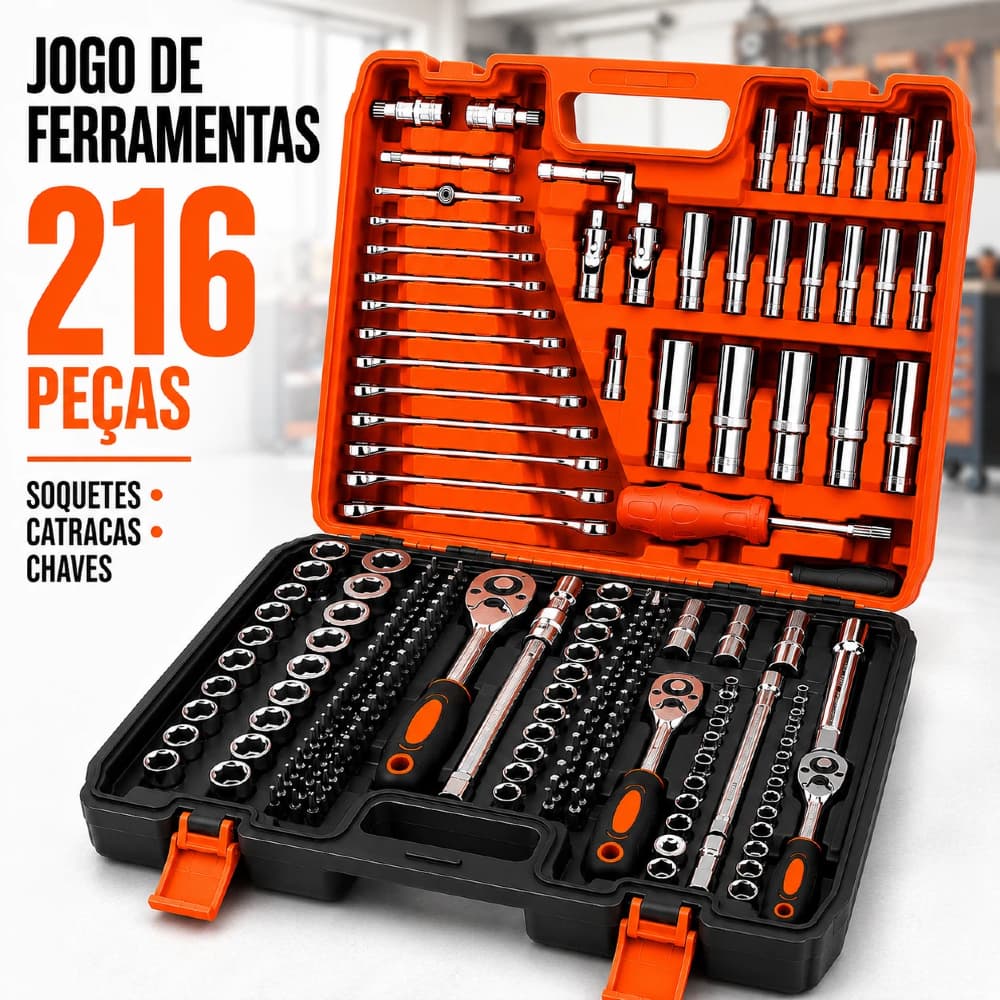 Kit Profissional 37-216 Peças - Jogo Soquetes, Catraca e Chaves Combinadas com Maleta Rígida
