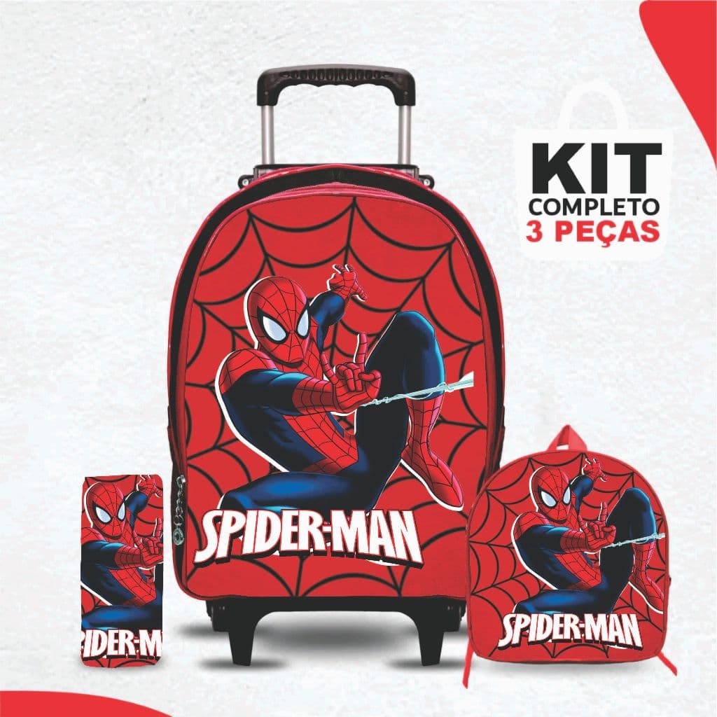 kit mochila escolar Homem Aranha com lancheira e Estojo - Carrinho com Rodinhas - Menino - Masculino