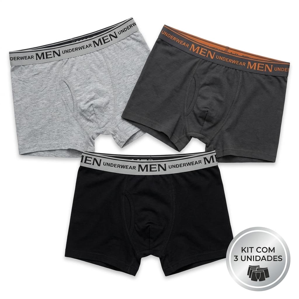 Kit 3 Cuecas Masculinas Boxer Cós Elástico Duas Opções de Cores Algodão
