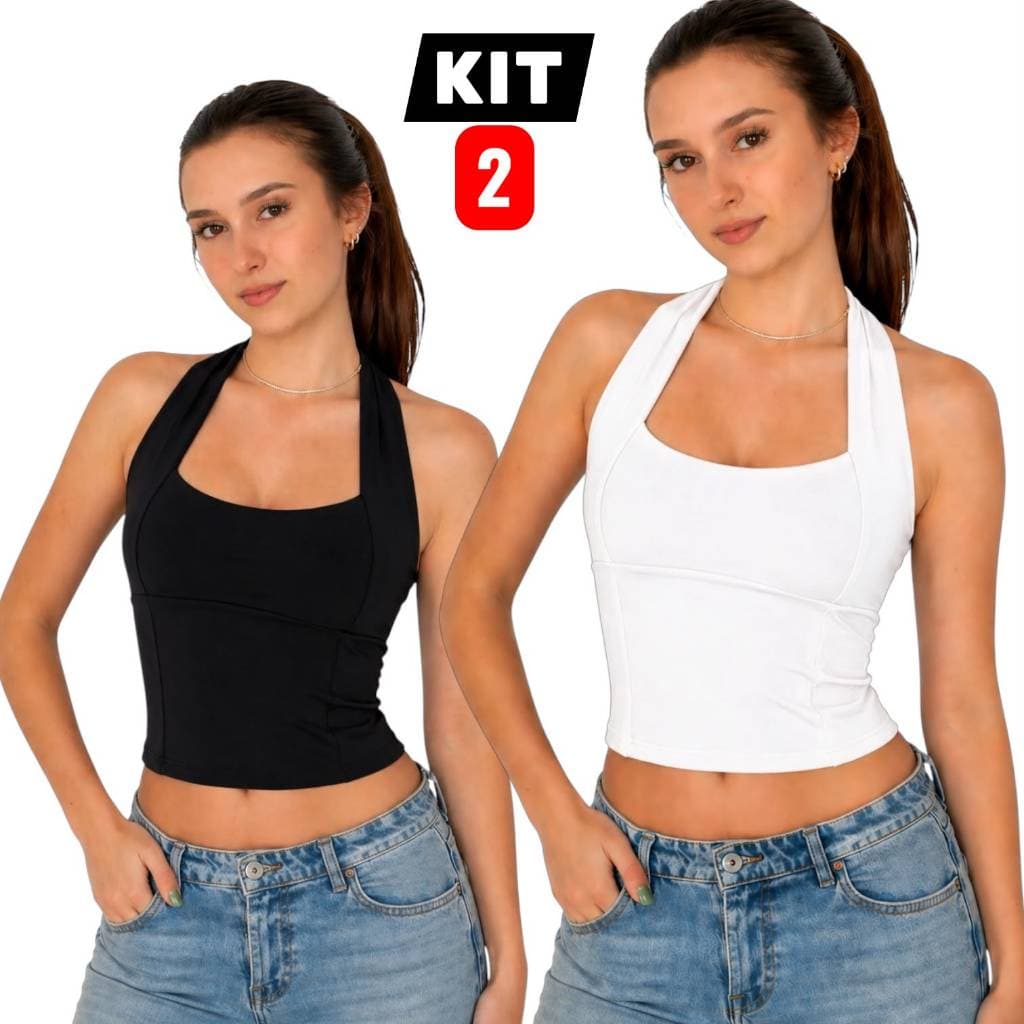 Kit 2 Blusa Feminina Top Halter Cropped Frente Única costa Nua