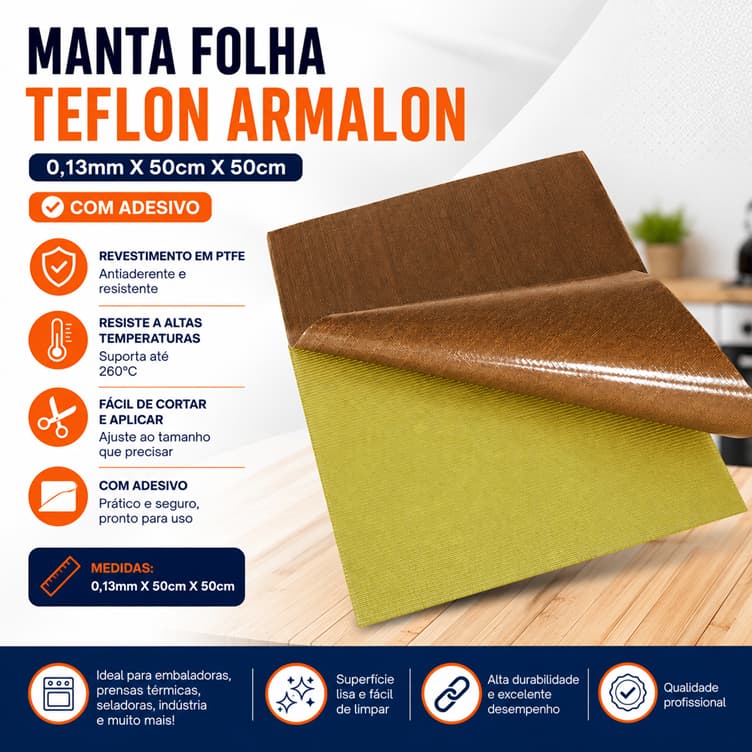 Manta Teflon COM ADESIVO 50cm x 50cm (Armalon) para alta temperatura!