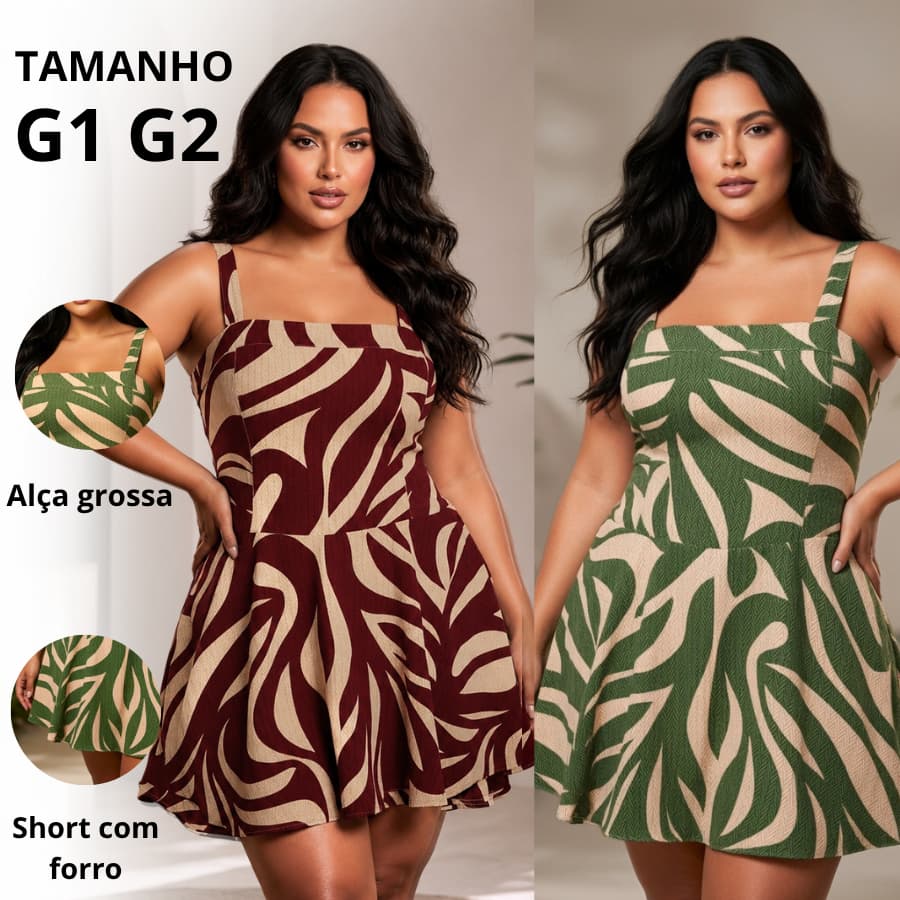 Vestido Feminino Plus G1 e G2 Macaquinho Tropical Plusize Moda curve Moda verão
