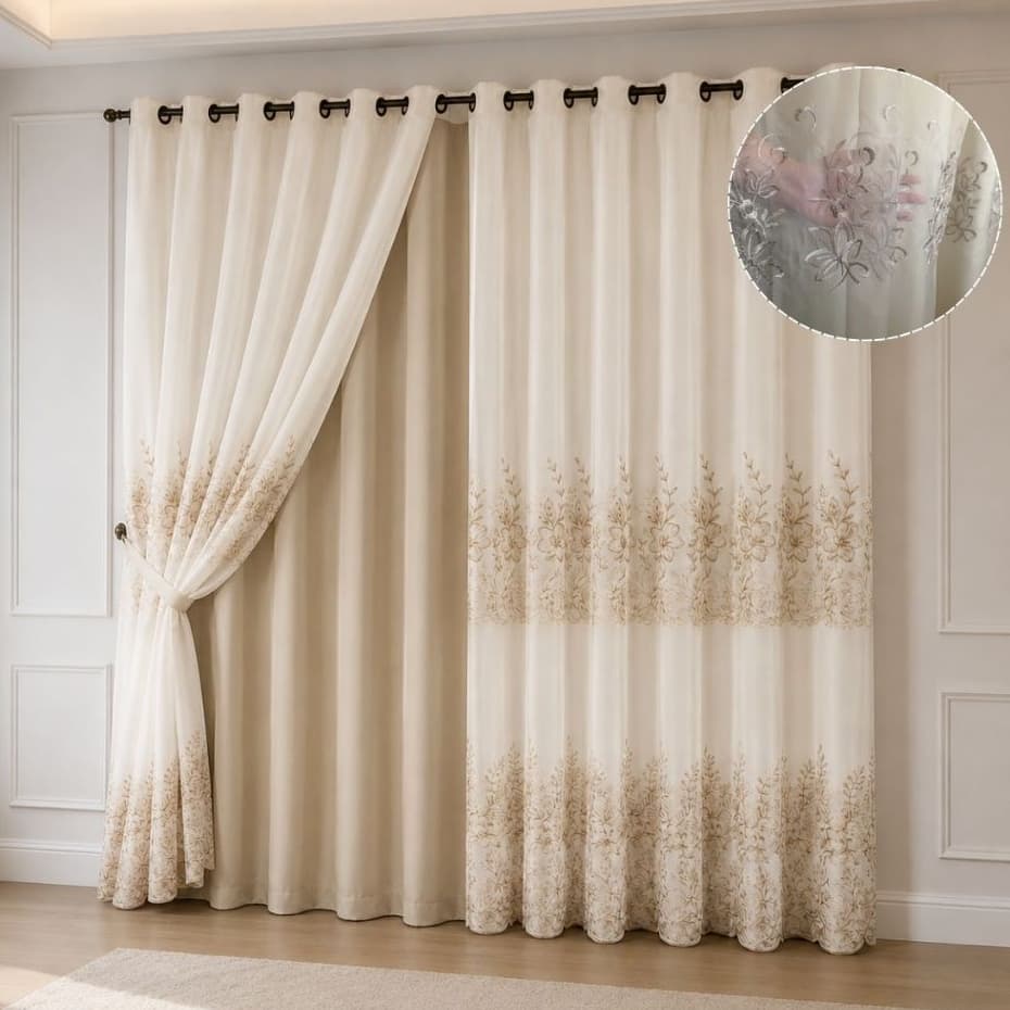 Cortina Voil Bordado com Microfibra 2,60 x 1,80 (largura x altura) para janela. Decoração Sala Quarto