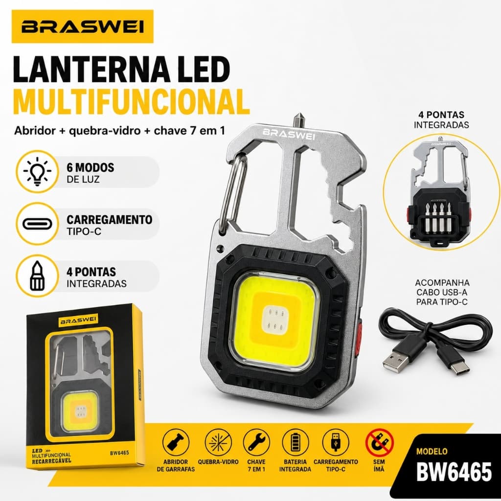Lanterna LED Multifuncional Recarregável USB-C 6 Modos com Mosquetão e Abridor BW6465 BRASWEI