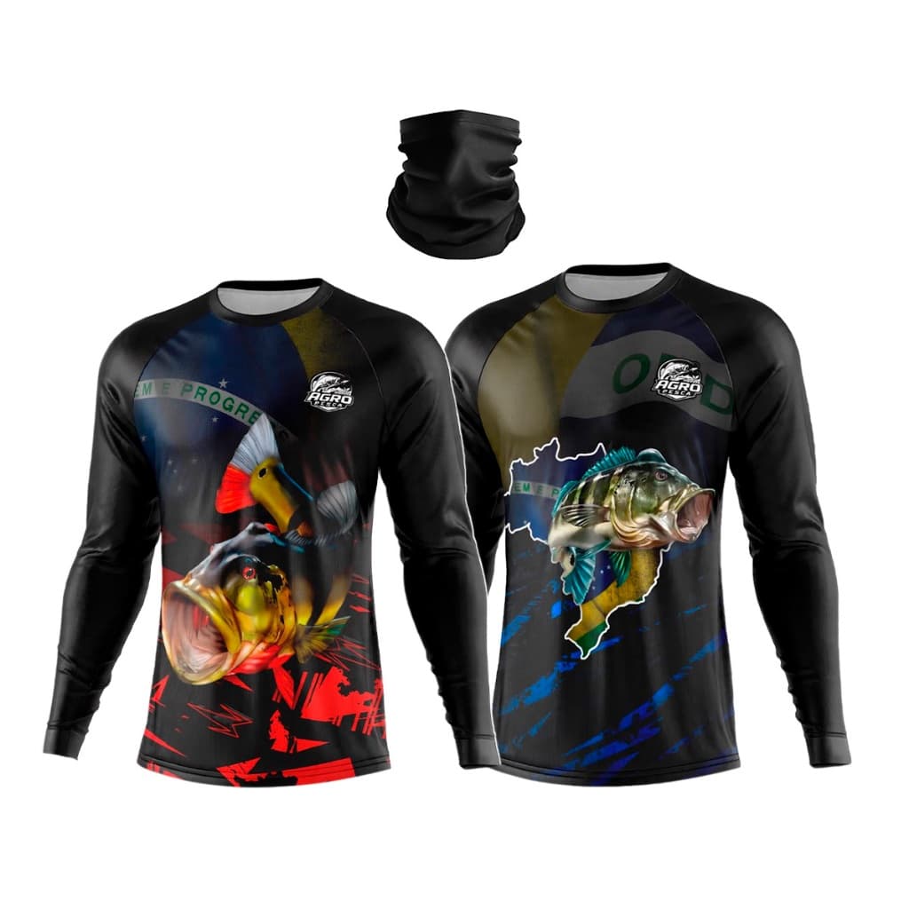 Kit 2 Camisas de Pesca Tucunaré + Bandana Tecido DryFit - Camisa de Manga Longa Premium
