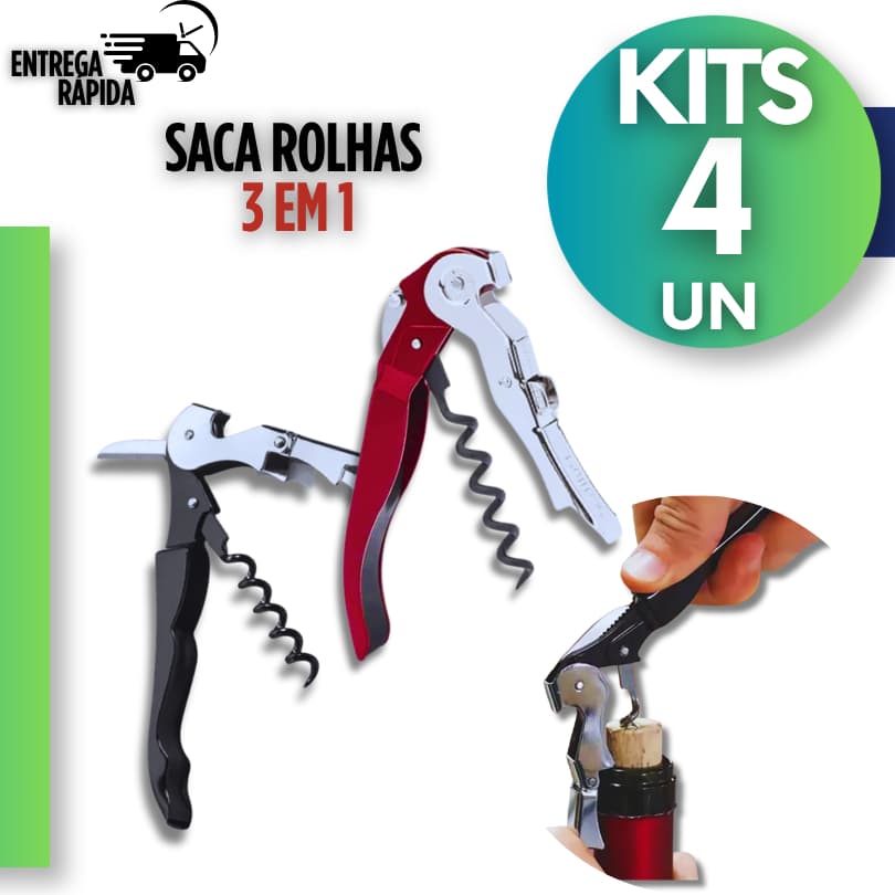 Saca Rolhas Garçom Inox 3 em 1 Abridor de Vinho Compacto