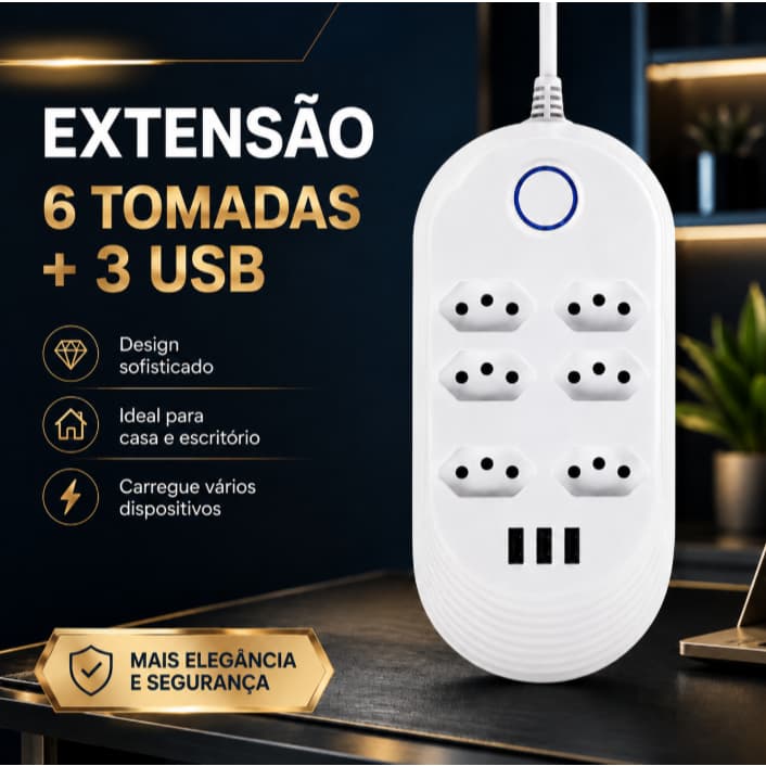 Extensão Elétrica Régua 6 Tomadas 3 USB Bivolt 110V/220V 10A NOBREAK com Botão Liga e Desliga e Cabo Reforçado 2m