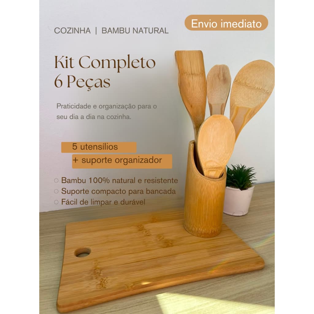 KIT UTENSÍLIOS DE COZINHA BAMBU 5 PEÇAS + TÁBUA DE CORTE GRANDE BAMBU