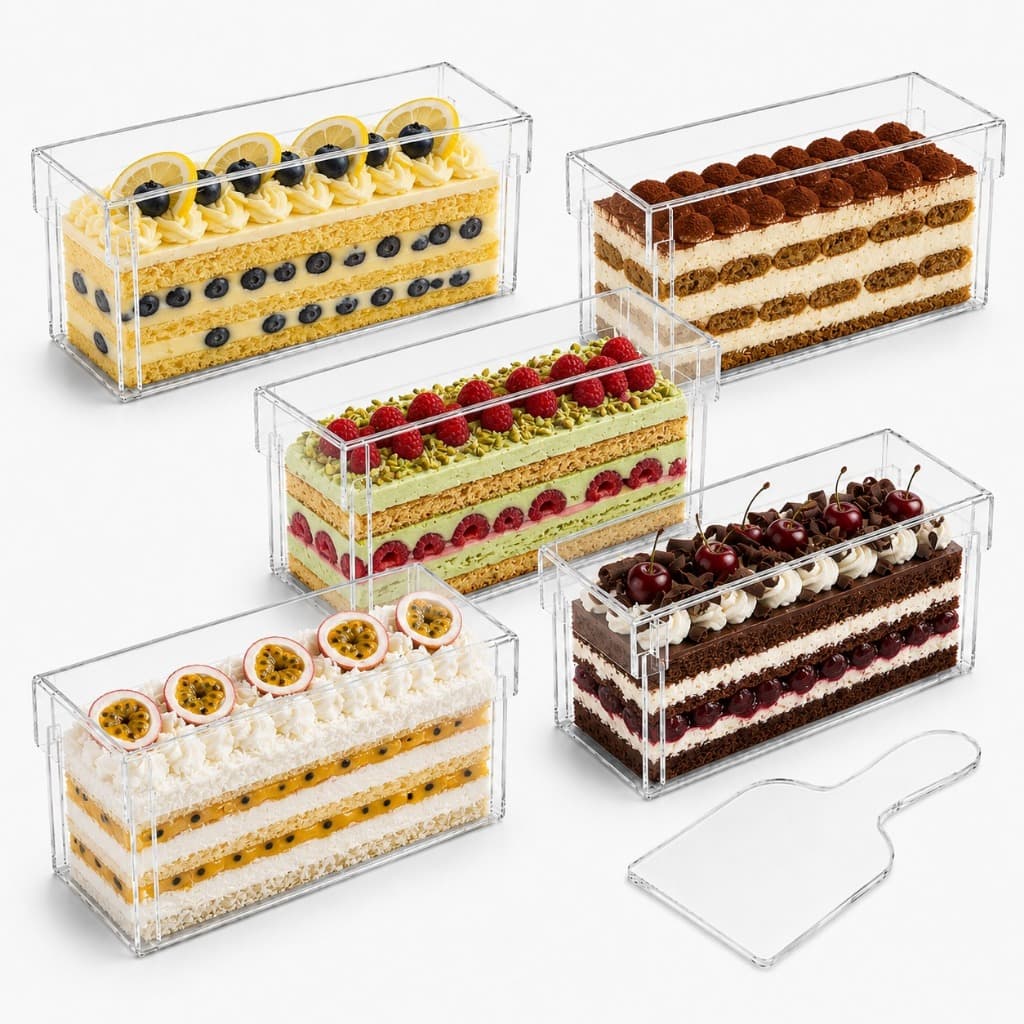 Kit 5 Forma Slice Cake 30x10x10 Acrílico Fatia Bolo Com Tampa Confeitaria Formas Cristal