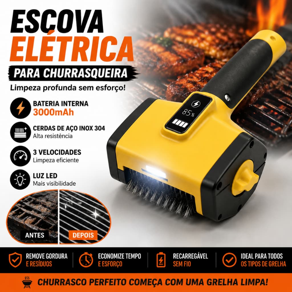 Escova Elétrica Para Churrasqueira Recarregável 3000mAh Limpeza De Grelha Com Cerdas Inox 304 Luz LED 3 Velocidades