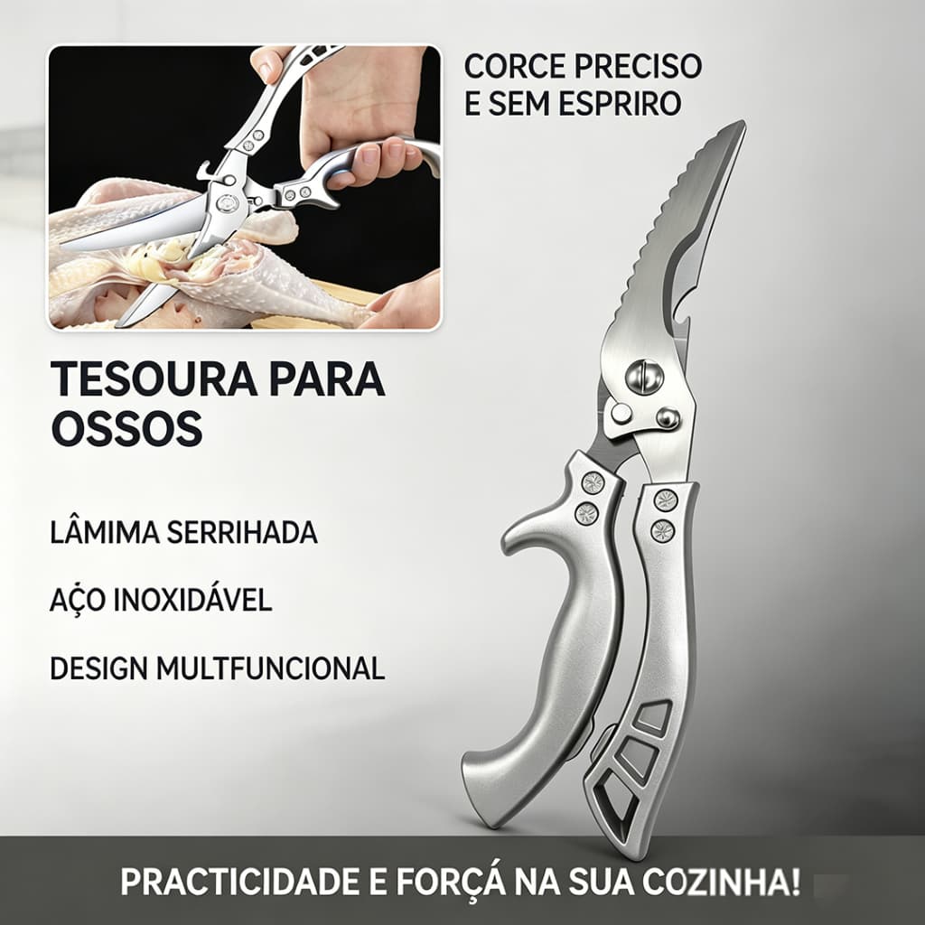Tesoura de Cozinha Inox 420 – Lâmina Laminada, Anti-Ferrugem, para Frango, Carne e Legumes