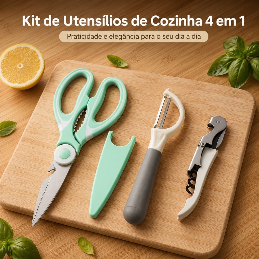 Kit Utensílios de Cozinha 4 em 1 Tesoura Multiuso Inox Descascador Legumes Saca-Rolhas Prático