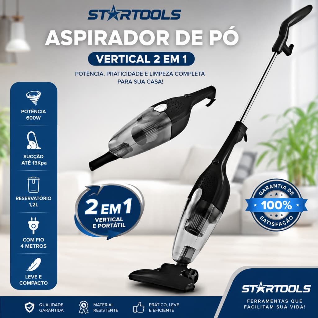 Aspirador de Pó Vertical 2 em 1 600W 110V Portátil Potente 13Kpa Reservatório 1,2L para Casa Sofá Carro